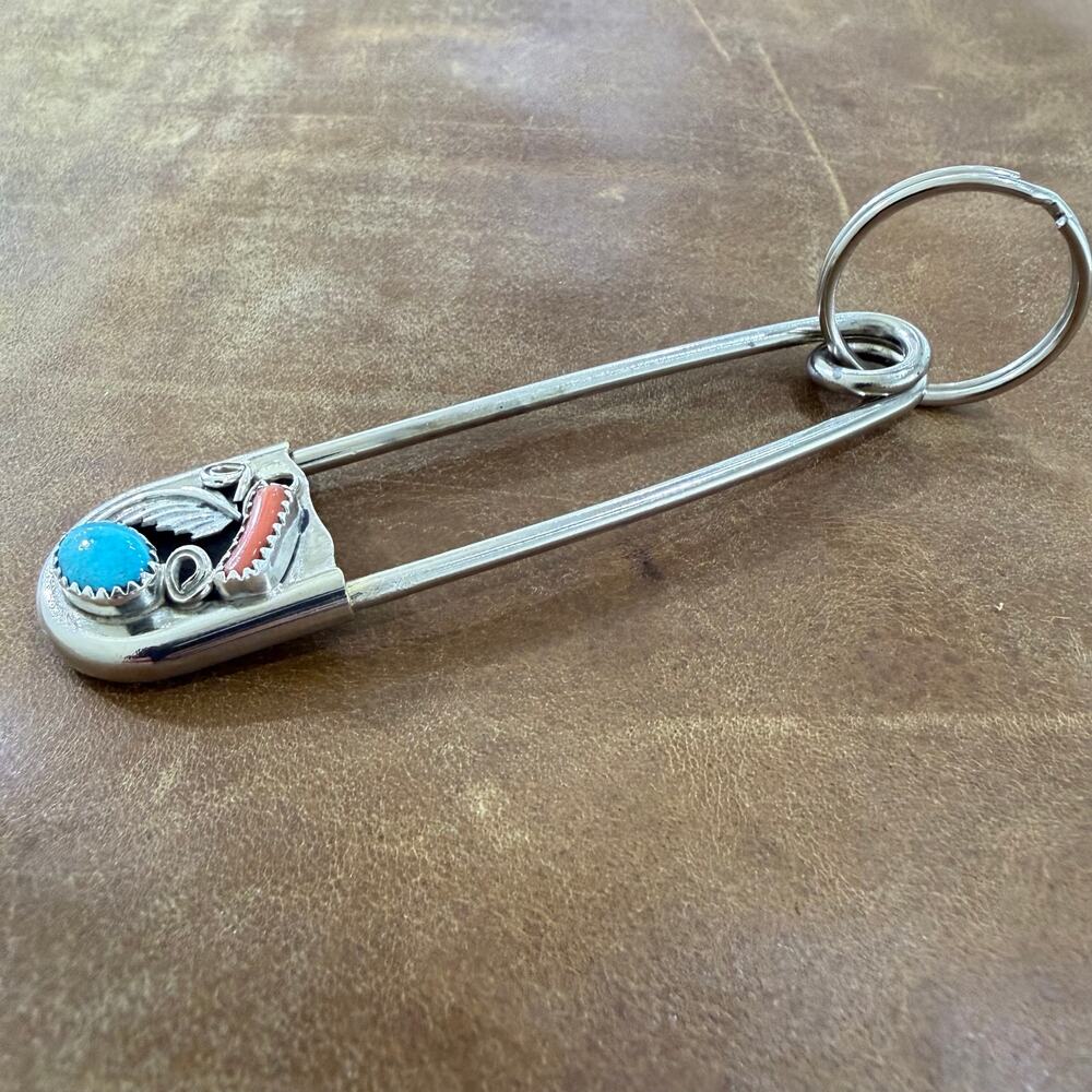 Native American Navajo Key Chain Safety Pin Sterling Silver Turquoise & Coral - Picture 2 of 7